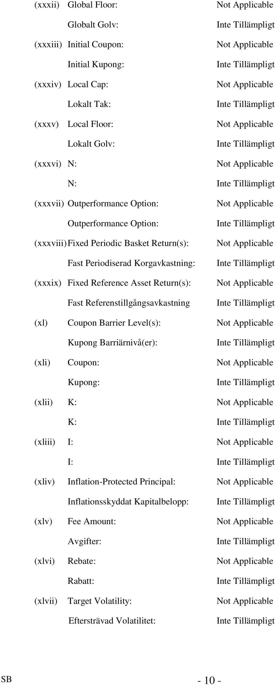 Return(s): Fast Referenstillgångsavkastning Not Applicable Not Applicable Not Applicable (xl) Coupon Barrier Level(s): Not Applicable Kupong Barriärnivå(er): (xli) Coupon: Not Applicable Kupong: