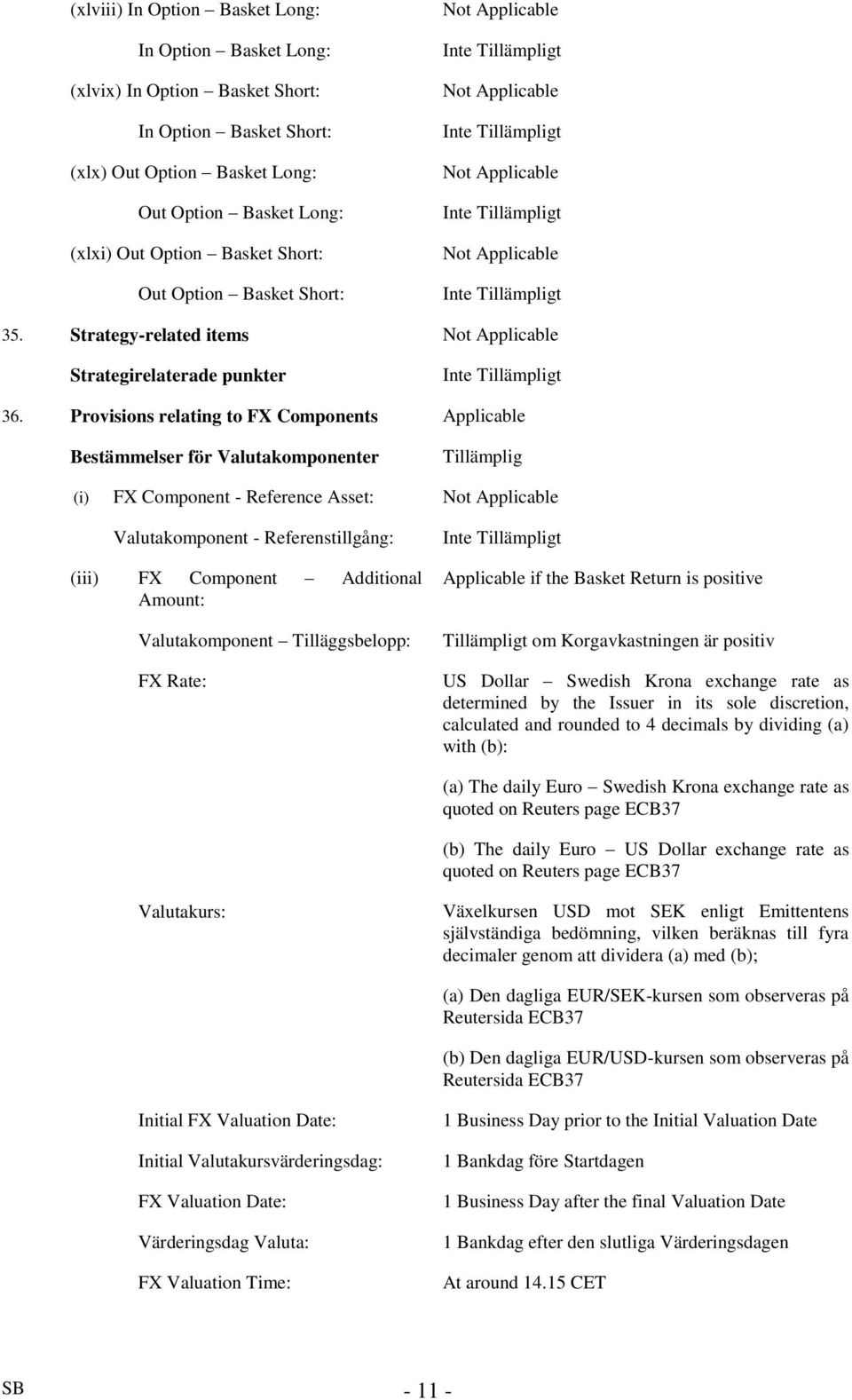 Provisions relating to FX Components Applicable Bestämmelser för Valutakomponenter Tillämplig (i) FX Component - Reference Asset: Not Applicable Valutakomponent - Referenstillgång: (iii) FX Component