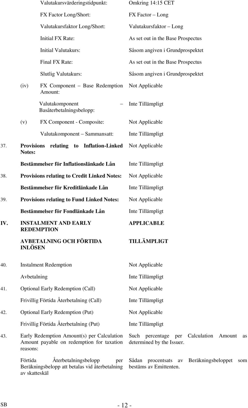 Såsom angiven i Grundprospektet Not Applicable (v) FX Component - Composite: Not Applicable Valutakomponent Sammansatt: 37.