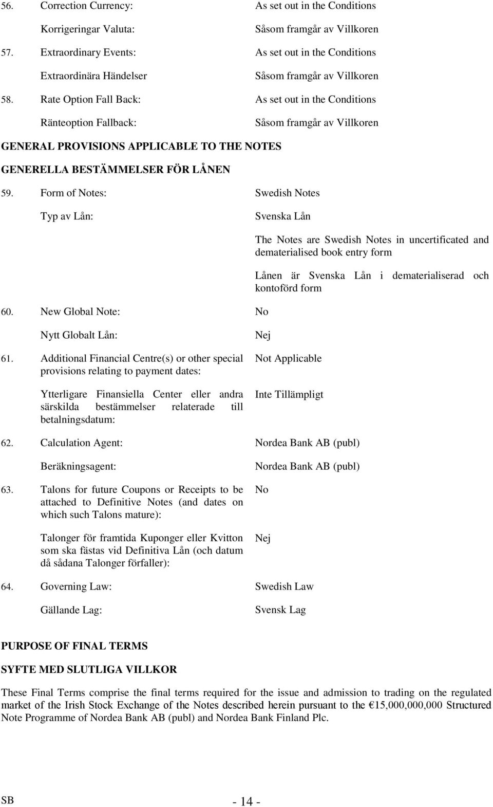 Rate Option Fall Back: As set out in the Conditions Ränteoption Fallback: Såsom framgår av Villkoren GENERAL PROVISIONS APPLICABLE TO THE NOTES GENERELLA BESTÄMMELSER FÖR LÅNEN 59.