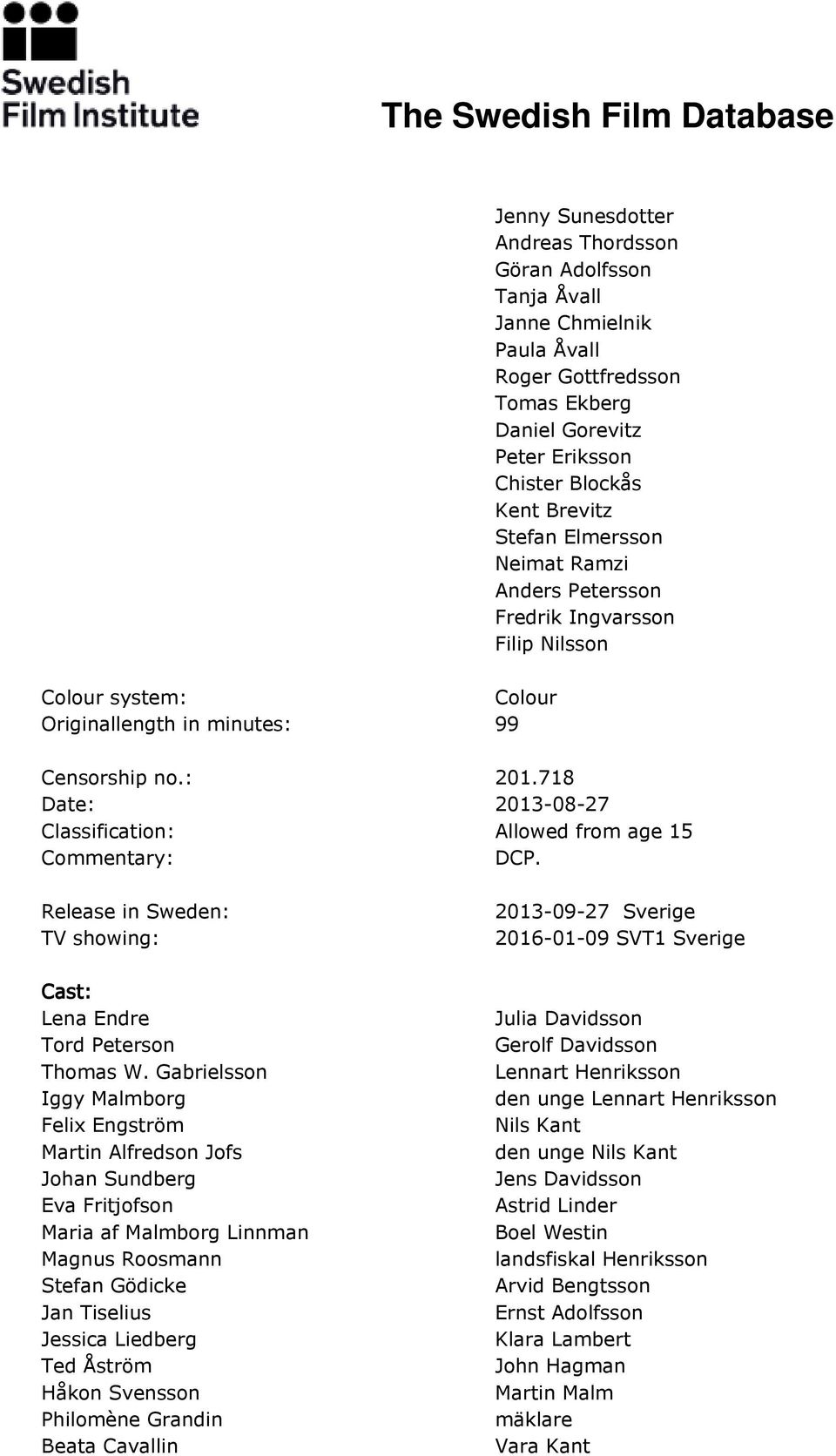 718 Date: 2013-08-27 Classification: Allowed from age 15 Commentary: DCP. Release in Sweden: TV showing: Cast: Lena Endre Tord Peterson Thomas W.