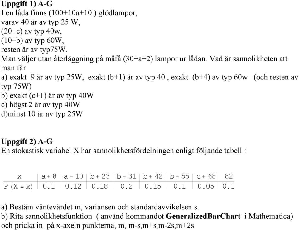 Vad är sannolikheten att man får a) exakt 9 är av typ 25W, exakt (b+1) är av typ 40, exakt (b+4) av typ 60w (och resten av typ 75W) b) exakt (c+1) är av typ 40W c) högst 2 är av typ 40W d)minst 10 är