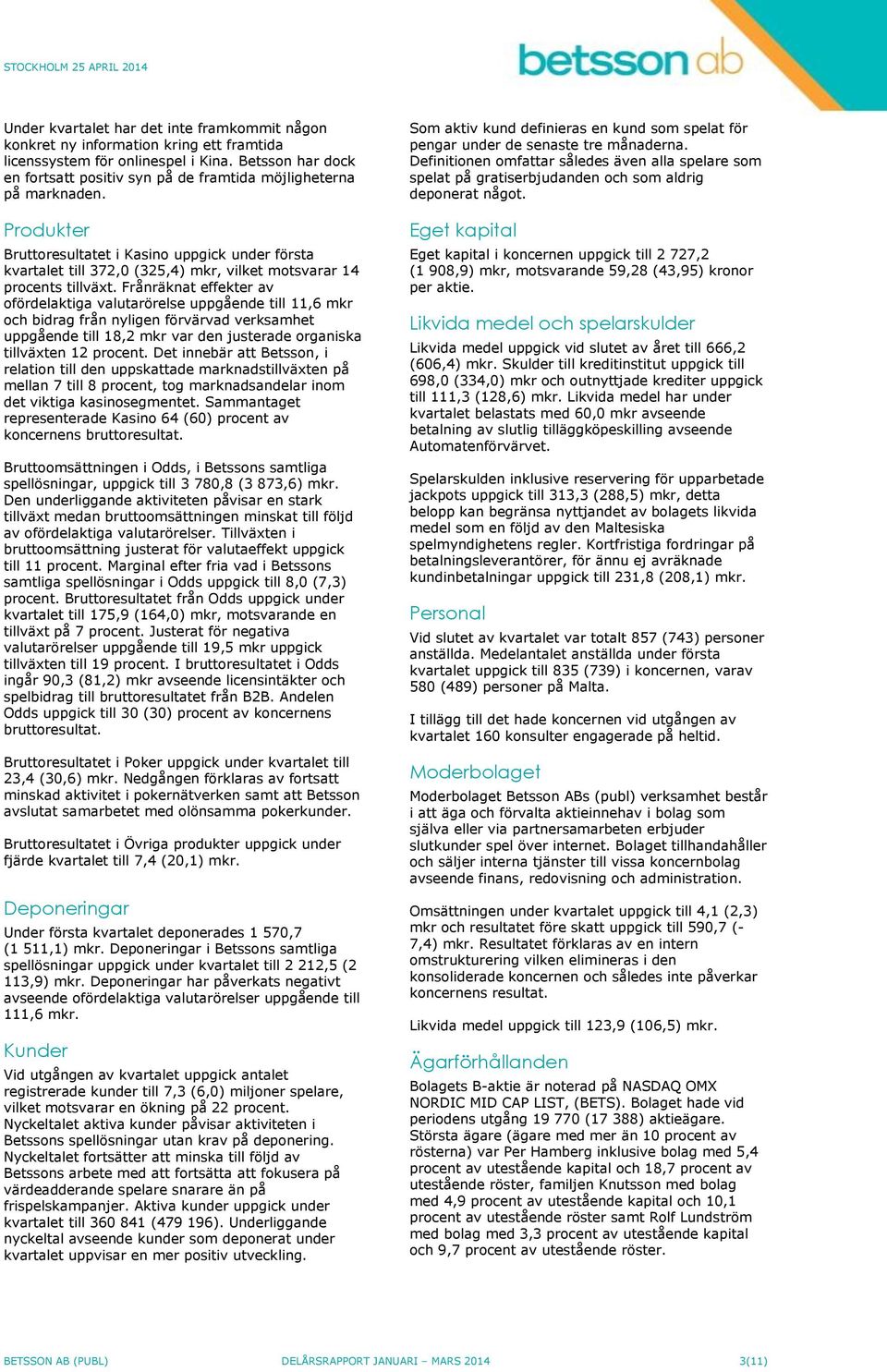 Produkter Bruttoresultatet i Kasino uppgick under första kvartalet till 372,0 (325,4) mkr, vilket motsvarar 14 procents tillväxt.