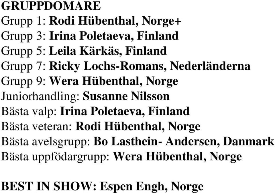 Susanne Nilsson Bästa valp: Irina Poletaeva, Finland Bästa veteran: Rodi Hübenthal, Norge Bästa