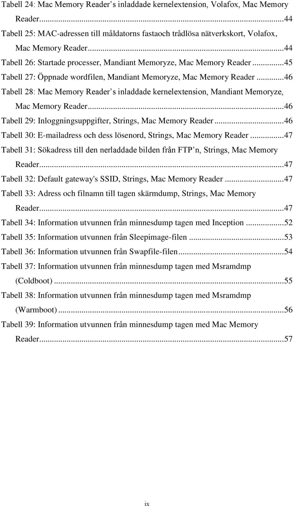 .. 46 Tabell 28: Mac Memory Reader s inladdade kernelextension, Mandiant Memoryze, Mac Memory Reader... 46 Tabell 29: Inloggningsuppgifter, Strings, Mac Memory Reader.