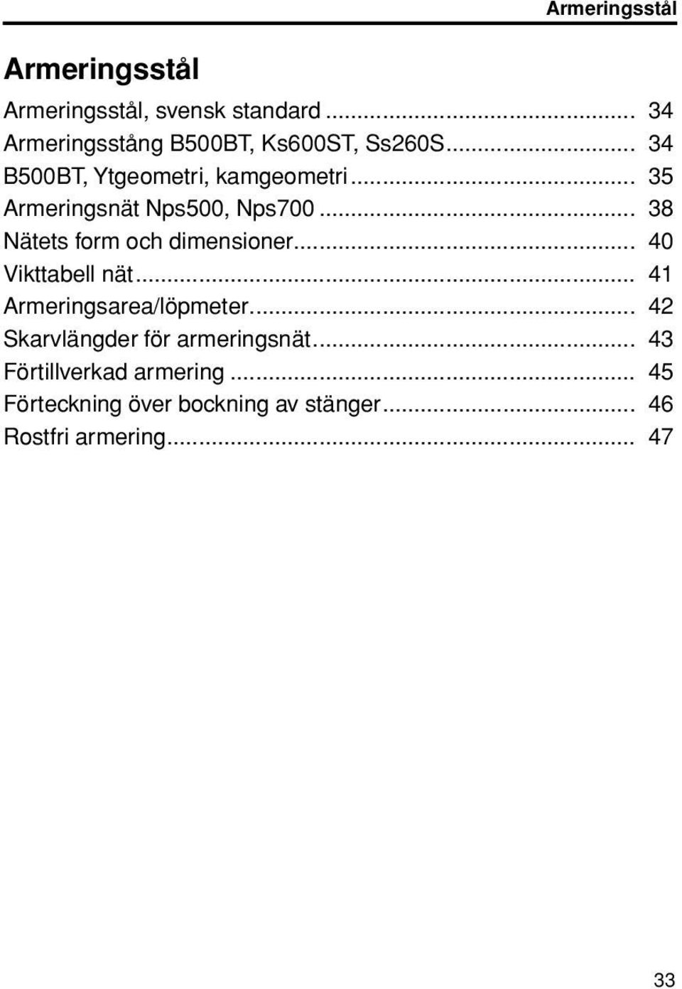 .. 38 Nätets form och dimensioner... 40 Vikttabell nät... 41 Armeringsarea/löpmeter.