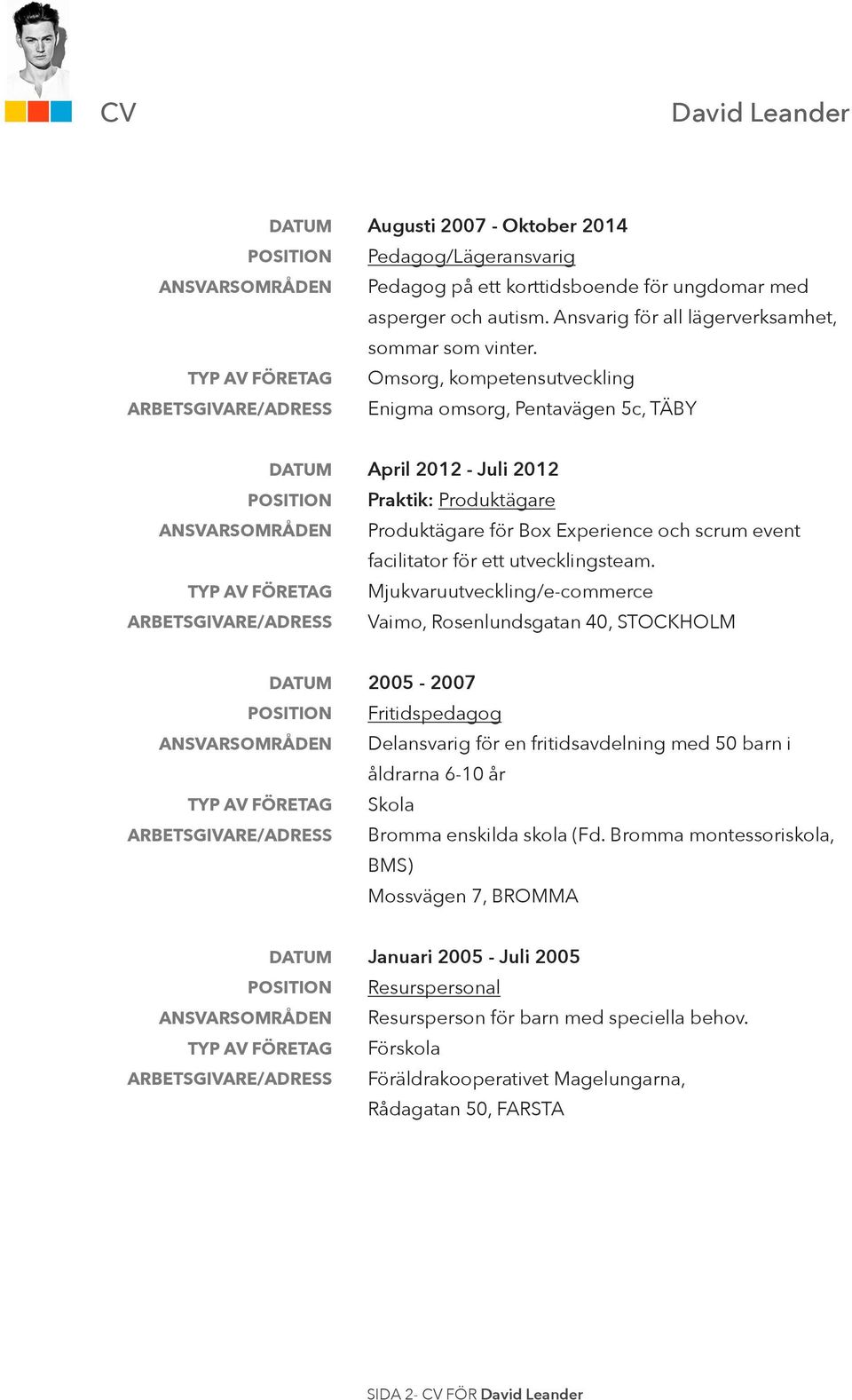 Mjukvaruutveckling/e-commerce Vaimo, Rosenlundsgatan 40, STOCKHOLM 2005-2007 Fritidspedagog Delansvarig för en fritidsavdelning med 50 barn i åldrarna 6-10 år Skola Bromma enskilda skola (Fd.