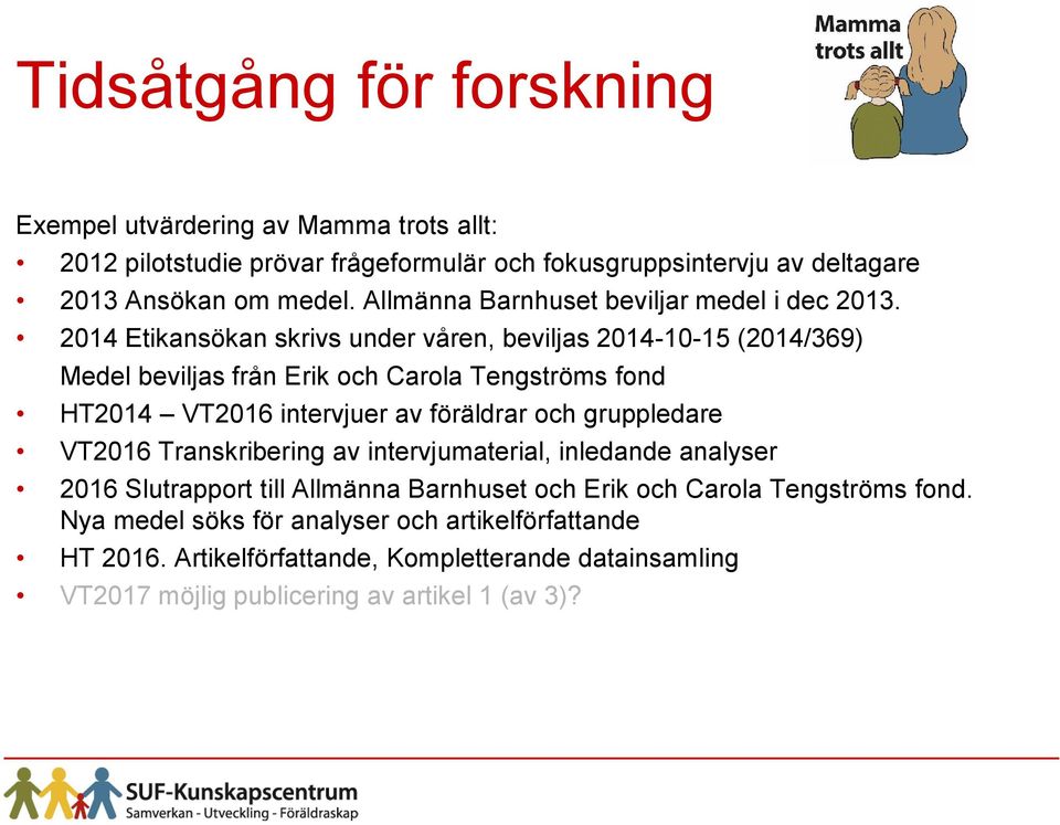 2014 Etikansökan skrivs under våren, beviljas 2014-10-15 (2014/369) Medel beviljas från Erik och Carola Tengströms fond HT2014 VT2016 intervjuer av föräldrar och