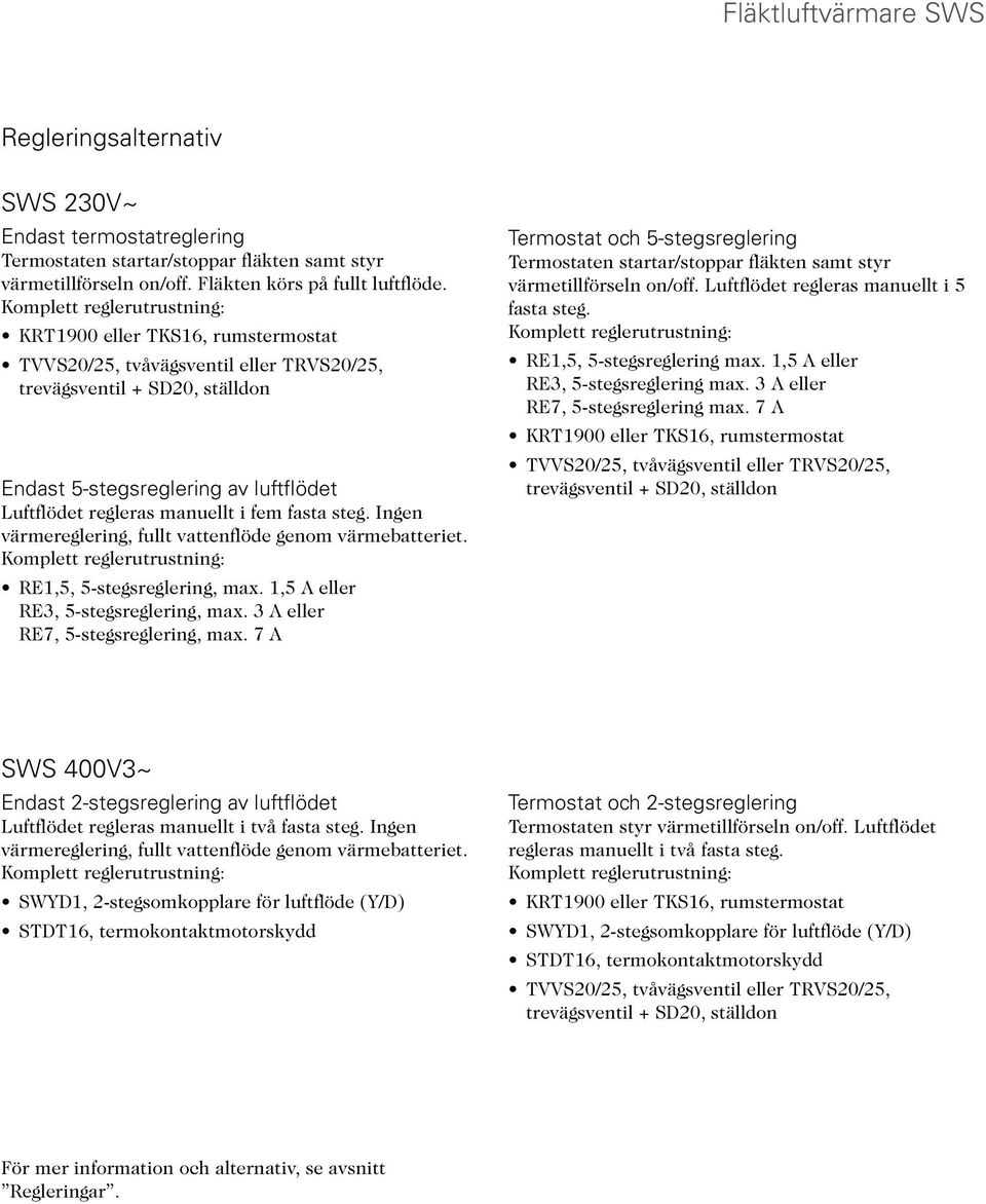 Ingen värmereglering, fullt vatten genom värmebatteriet. Komplett reglerrustning: RE1,, -stegsreglering, max. 1, A eller RE3, -stegsreglering, max. 3 A eller RE7, -stegsreglering, max.