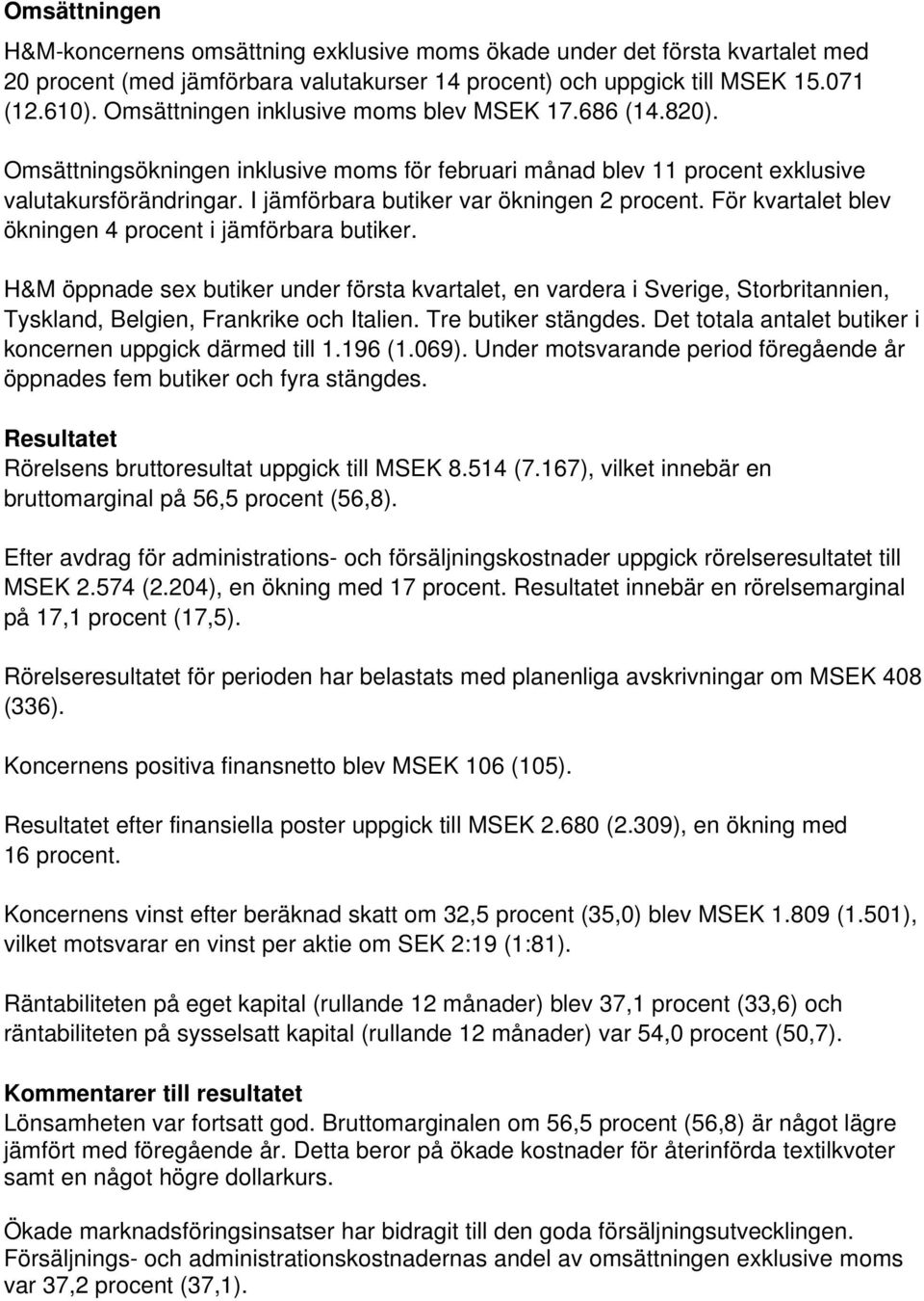 I jämförbara butiker var ökningen 2 procent. För kvartalet blev ökningen 4 procent i jämförbara butiker.