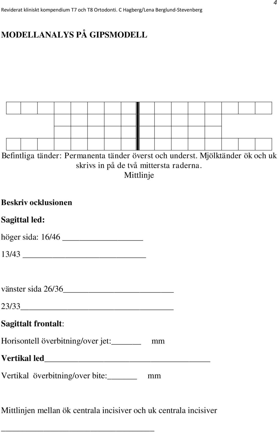 Mittlinje Beskriv ocklusionen Sagittal led: höger sida: 16/46 13/43 vänster sida 26/36 23/33 Sagittalt