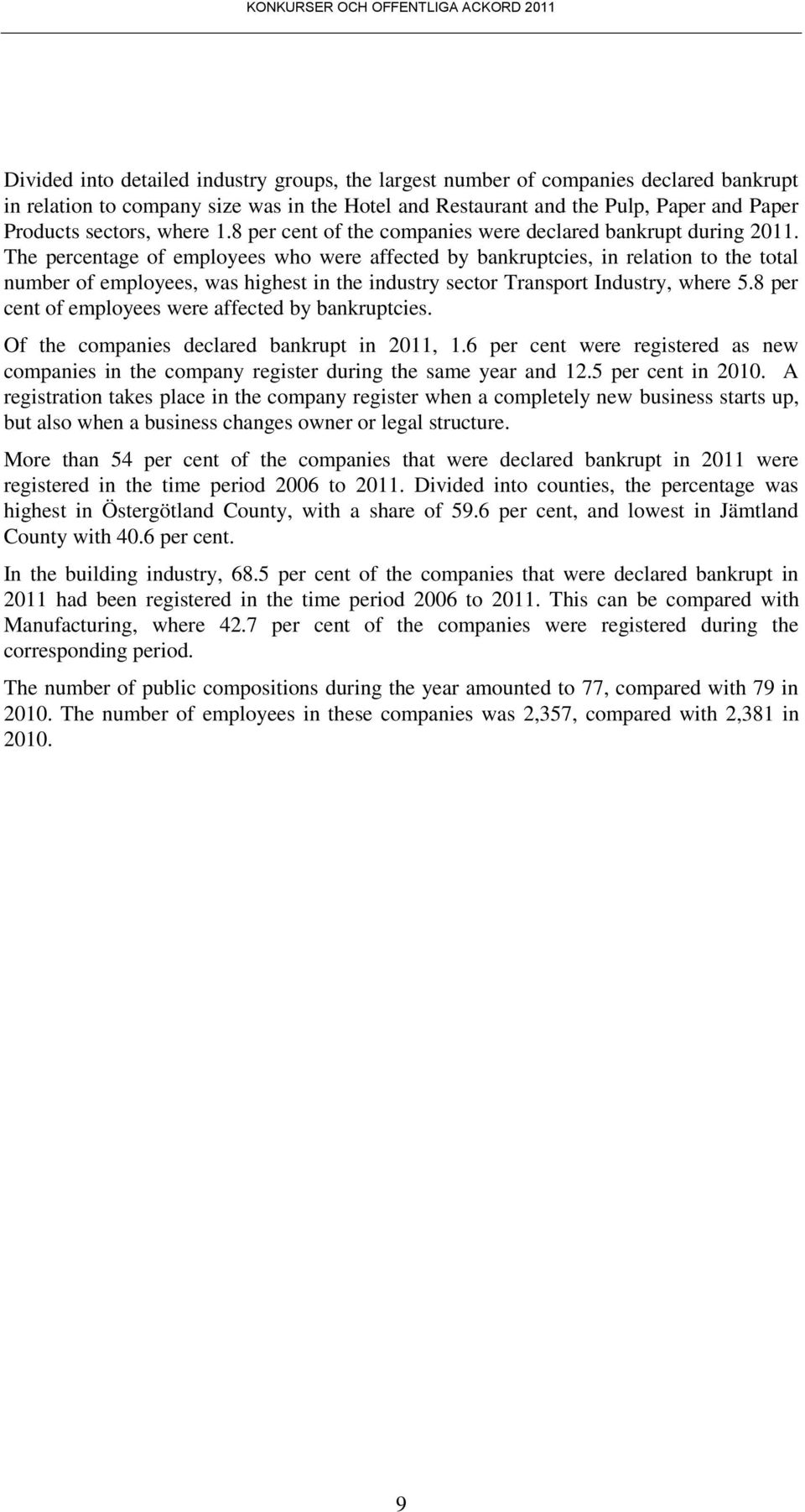 The percentage of employees who were affected by bankruptcies, in relation to the total number of employees, was highest in the industry sector Transport Industry, where 5.