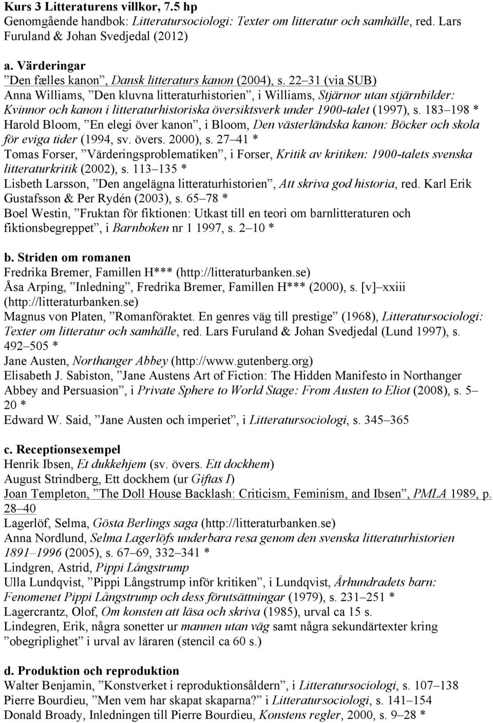 22 31 (via SUB) Anna Williams, Den kluvna litteraturhistorien, i Williams, Stjärnor utan stjärnbilder: Kvinnor och kanon i litteraturhistoriska översiktsverk under 1900-talet (1997), s.