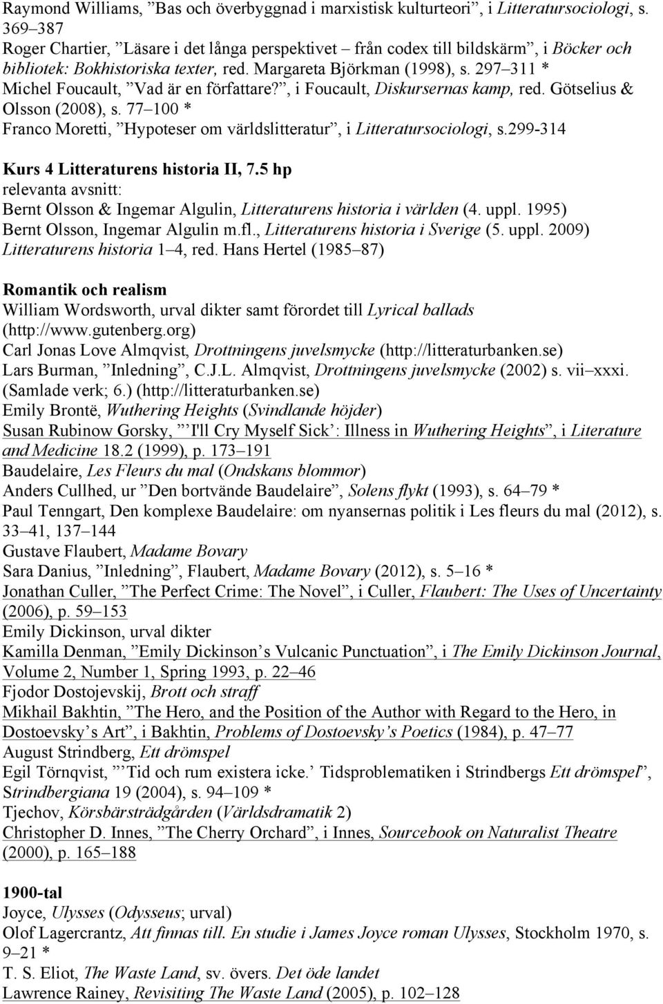 297 311 * Michel Foucault, Vad är en författare?, i Foucault, Diskursernas kamp, red. Götselius & Olsson (2008), s. 77 100 * Franco Moretti, Hypoteser om världslitteratur, i Litteratursociologi, s.