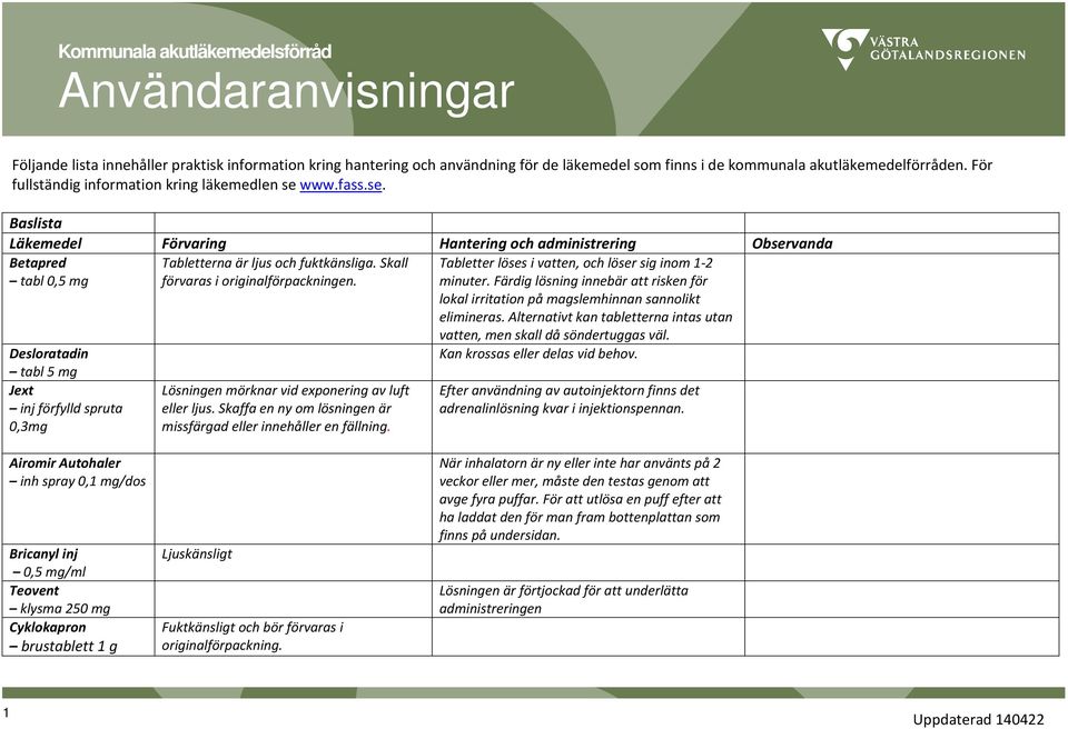 Skall förvaras i originalförpackningen. Tabletter löses i vatten, och löser sig inom 1-2 minuter. Färdig lösning innebär att risken för lokal irritation på magslemhinnan sannolikt elimineras.