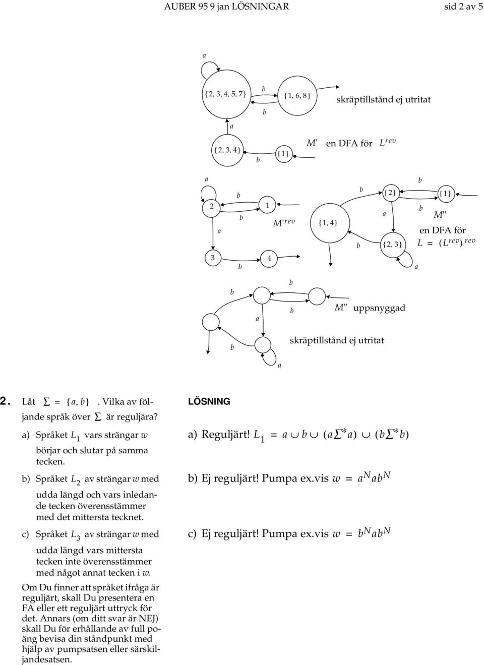 vis w = N N udd längd och vrs inlednde tecken överensstämmer med det mitterst tecknet. c) Språket L 3 v strängr w med c) Ej reguljärt! Pump ex.