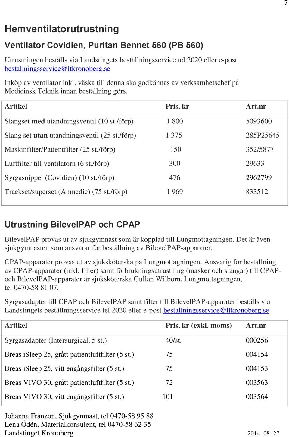 /förp) 150 352/5877 Luftfilter till ventilatorn (6 st./förp) 300 29633 Syrgasnippel (Covidien) (10 st./förp) 476 2962799 Trackset/superset (Anmedic) (75 st.