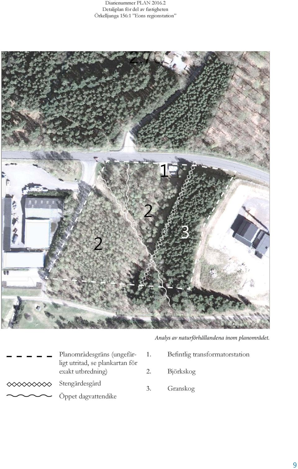 Stengärdesgård Öppet dagvattendike 1. Befintlig transformatorstation 2. Björkskog 3.