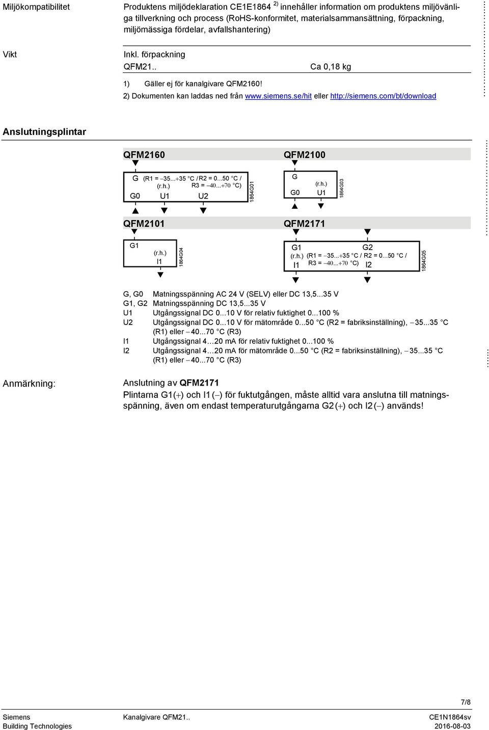 com/bt/download....... Anslutningsplintar Anmärkning: QFM2160 G (R1 = 35... 35 C / R2 = 0...50 C / (r.h.) R3 =... C) G0 U1 U2 QFM2101 G1 (r.h.) I1 1864G04 1864G01 QFM2100 G G0 (r.h.) U1 QFM2171 1864G03 G1 G2 (r.