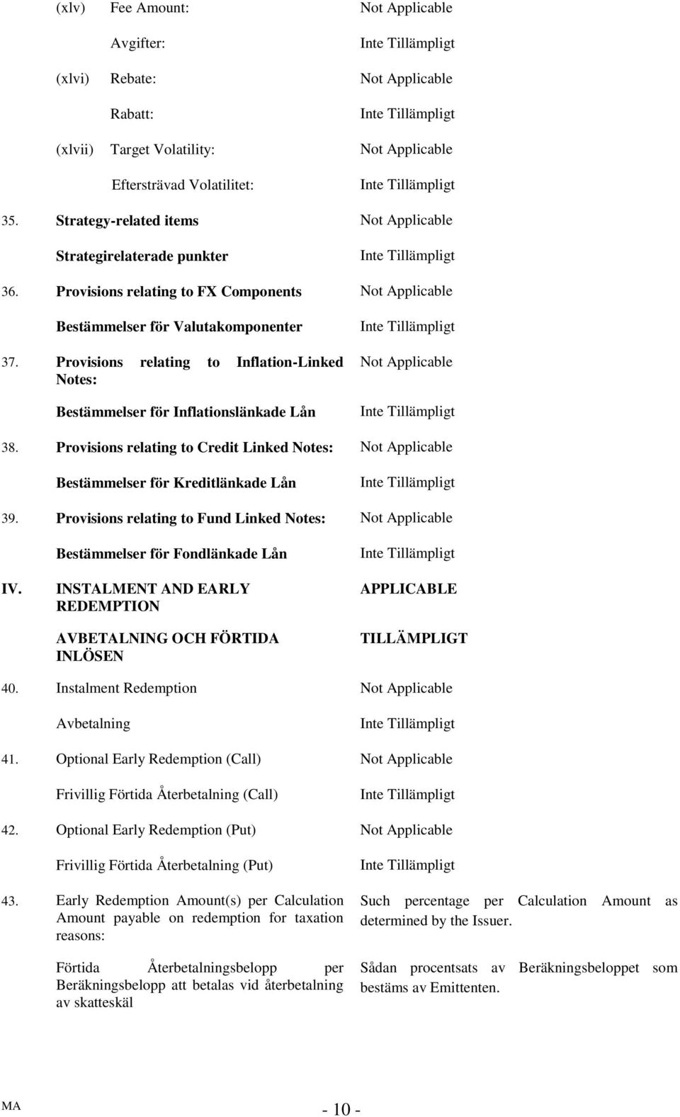 Provisions relating to Inflation-Linked Notes: Bestämmelser för Inflationslänkade Lån Not Applicable 38.