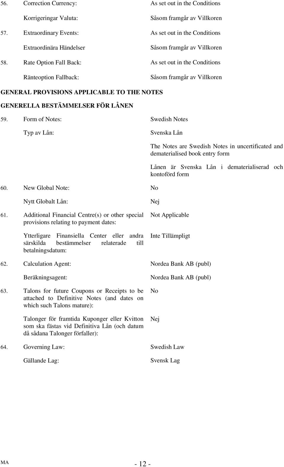 Rate Option Fall Back: As set out in the Conditions Ränteoption Fallback: Såsom framgår av Villkoren GENERAL PROVISIONS APPLICABLE TO THE NOTES GENERELLA BESTÄMMELSER FÖR LÅNEN 59.