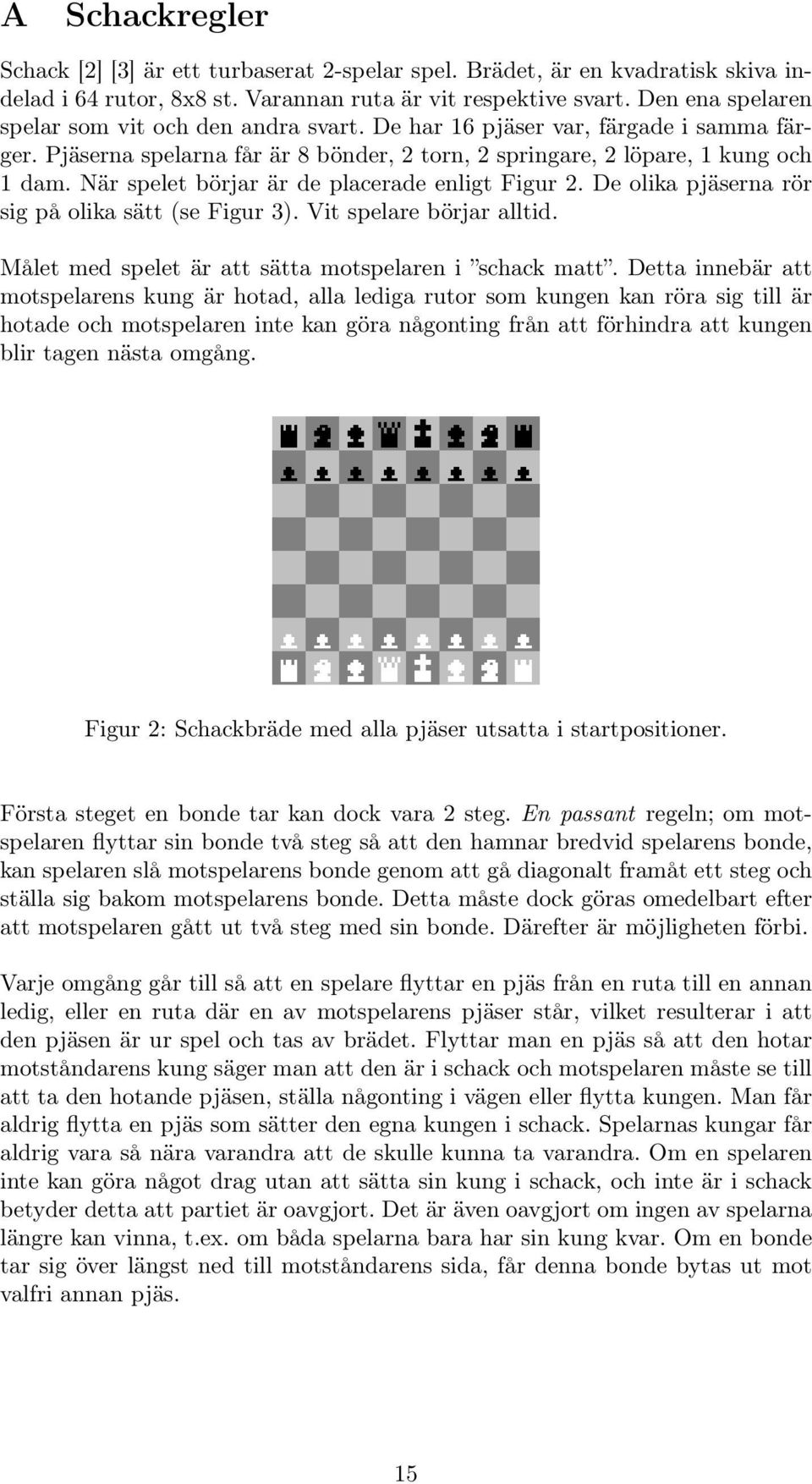 När spelet börjar är de placerade enligt Figur 2. De olika pjäserna rör sig på olika sätt (se Figur 3). Vit spelare börjar alltid. Målet med spelet är att sätta motspelaren i schack matt.