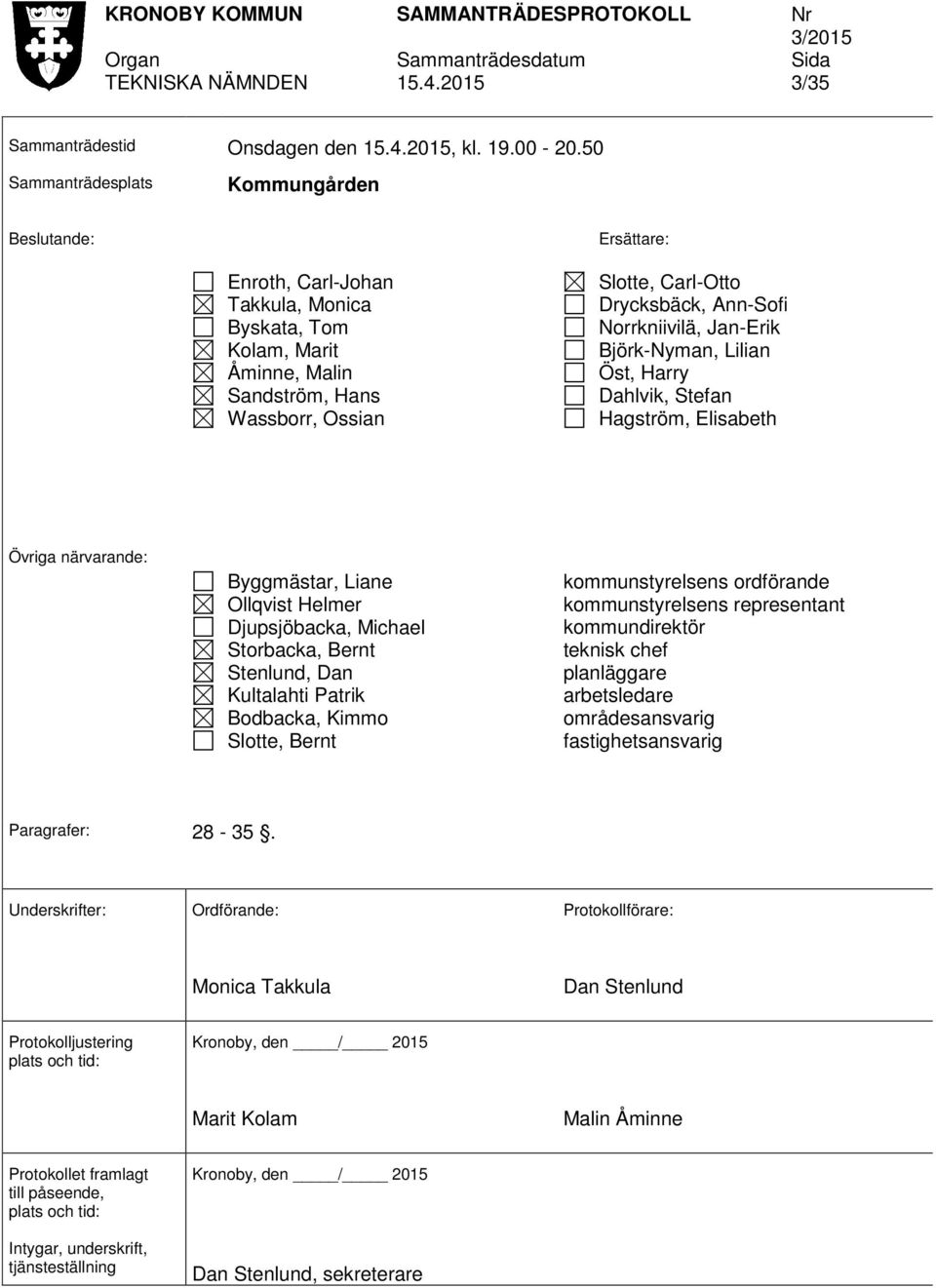 Ann-Sofi Norrkniivilä, Jan-Erik Björk-Nyman, Lilian Öst, Harry Dahlvik, Stefan Hagström, Elisabeth Övriga närvarande: Byggmästar, Liane Ollqvist Helmer Djupsjöbacka, Michael Storbacka, Bernt