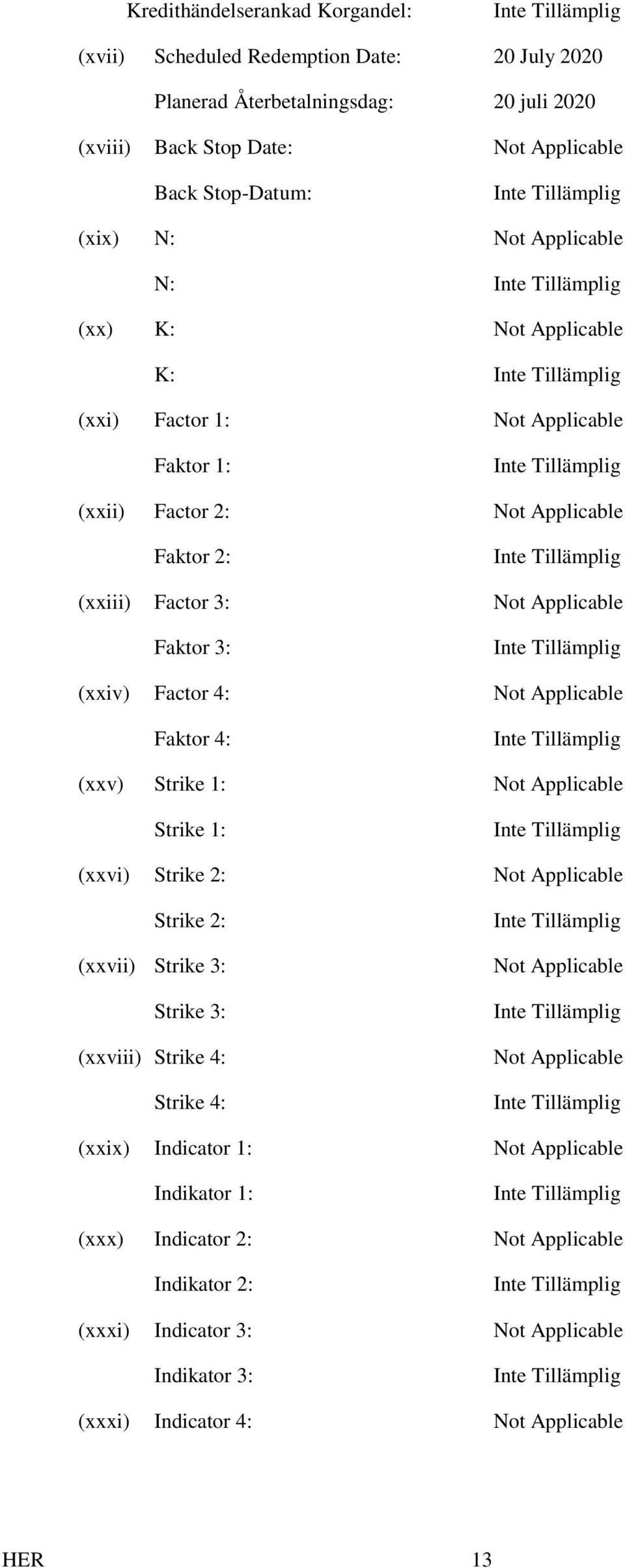 Tillämplig (xxiii) Factor 3: Not Applicable Faktor 3: Inte Tillämplig (xxiv) Factor 4: Not Applicable Faktor 4: Inte Tillämplig (xxv) Strike 1: Not Applicable Strike 1: Inte Tillämplig (xxvi) Strike