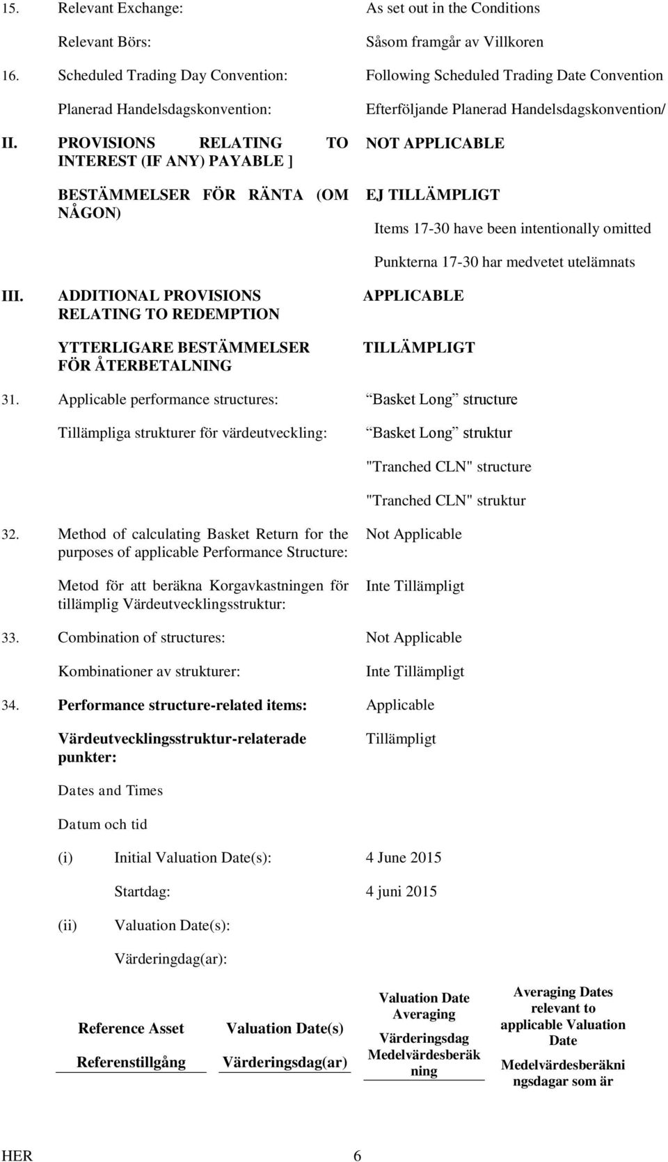 PROVISIONS RELATING TO INTEREST (IF ANY) PAYABLE ] BESTÄMMELSER FÖR RÄNTA (OM NÅGON) Efterföljande Planerad Handelsdagskonvention/ NOT APPLICABLE EJ TILLÄMPLIGT Items 17-30 have been intentionally