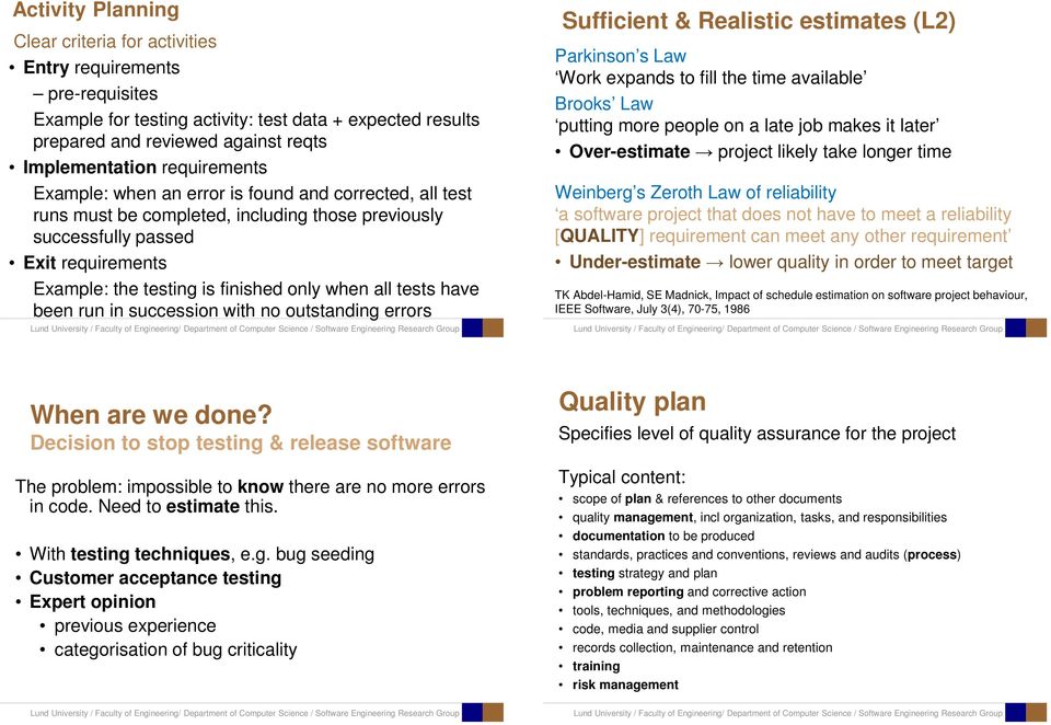 when all tests have been run in succession with no outstanding errors Sufficient & Realistic estimates (L2) Parkinson s Law Work expands to fill the time available Brooks Law putting more people on a