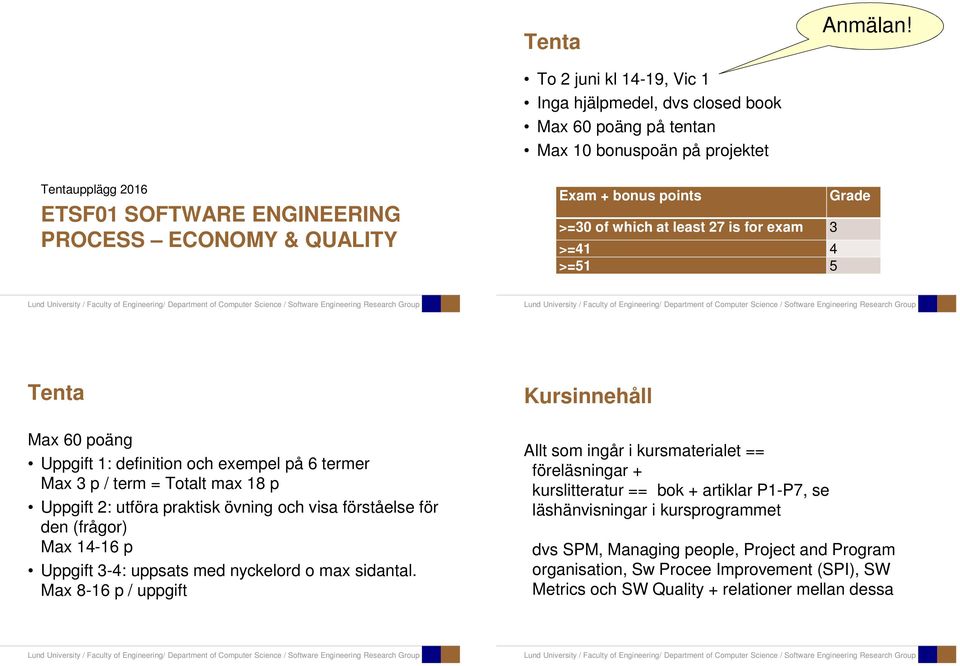 points >=30 of which at least 27 is for exam 3 >=41 4 >=51 5 Grade Tenta Max 60 poäng Uppgift 1: definition och exempel på 6 termer Max 3 p / term = Totalt max 18 p Uppgift 2: utföra praktisk övning