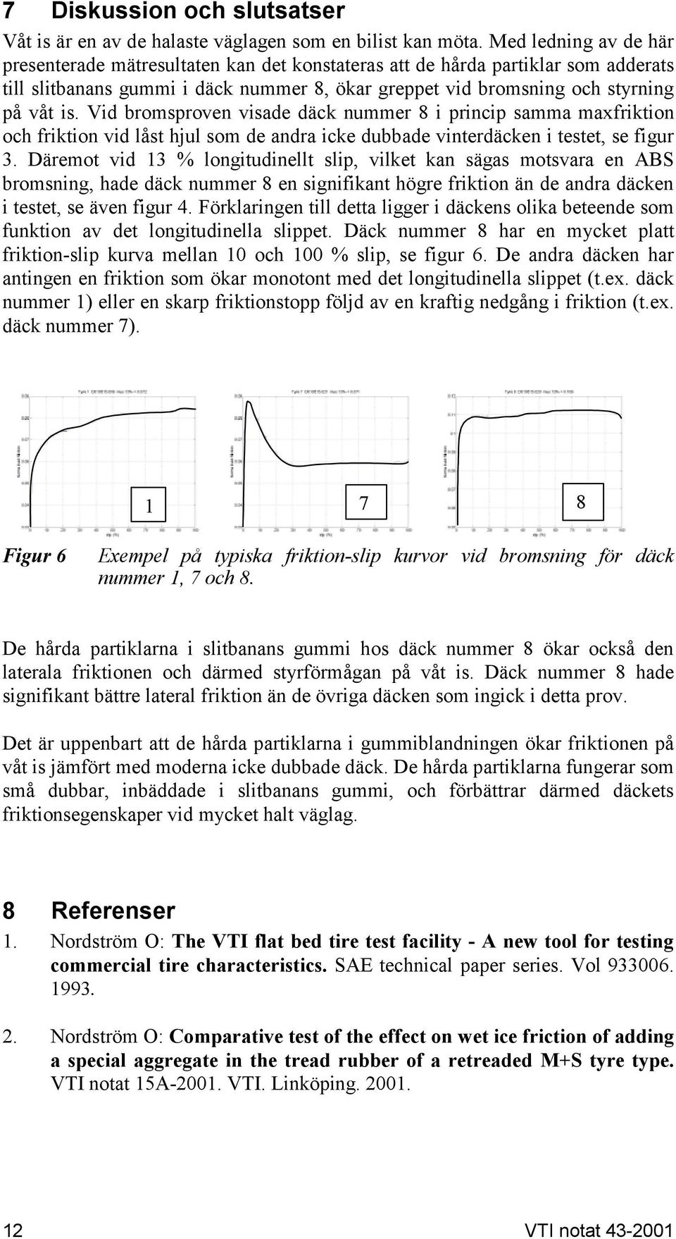 Vid bromsproven visade däck nummer 8 i princip samma maxfriktion och friktion vid låst hjul som de andra icke dubbade vinterdäcken i testet, se figur 3.