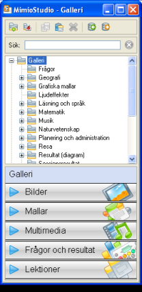 MimioStudio Om MimioStudio Galleri Det finns två olika vyer i MimioStudio Verktyg: fullt utdragen (visar alla funktioner) eller ihopdragen (sparar plats på skärmen).