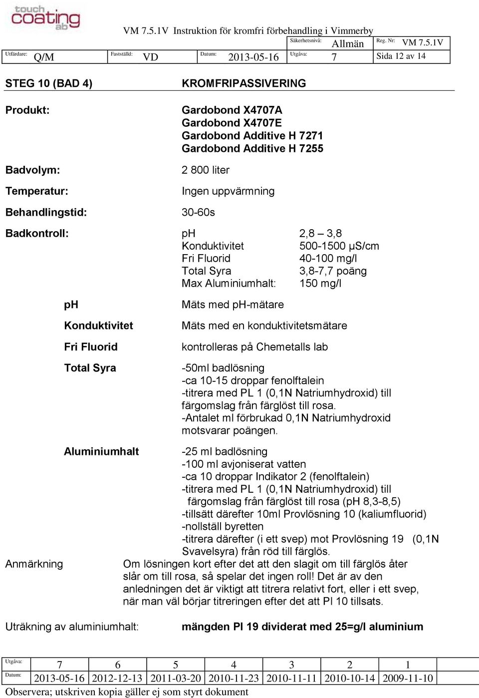 med ph-mätare Mäts med en konduktivitetsmätare kontrolleras på Chemetalls lab -50ml badlösning -ca 10-15 droppar fenolftalein -titrera med PL 1 (0,1N Natriumhydroxid) till färgomslag från färglöst