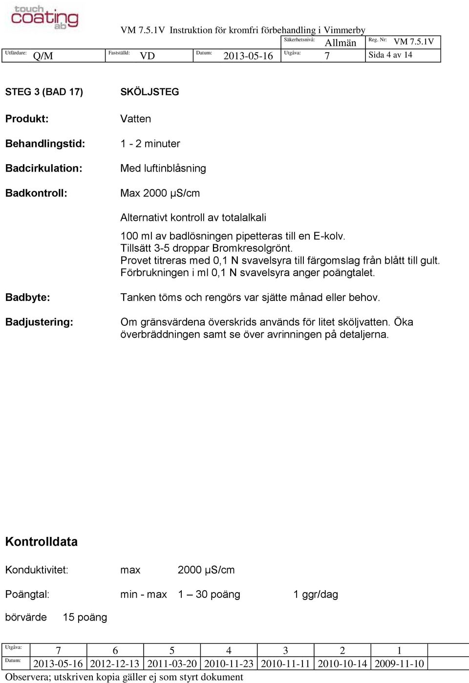 Provet titreras med 0,1 N svavelsyra till färgomslag från blått till gult. Förbrukningen i ml 0,1 N svavelsyra anger poängtalet.