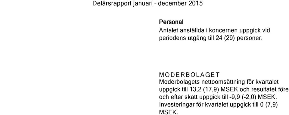 M ODERBOLA GET Moderbolagets nettoomsättning för kvartalet uppgick till