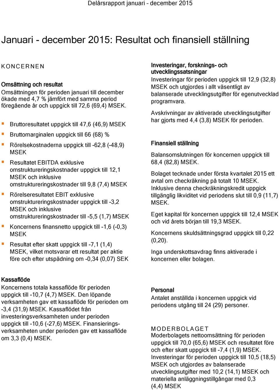 Bruttoresultatet uppgick till 47,6 (46,9) MSEK Bruttomarginalen uppgick till 66 (68) % Rörelsekostnaderna uppgick till -62,8 (-48,9) MSEK Resultatet EBITDA exklusive omstruktureringskostnader uppgick