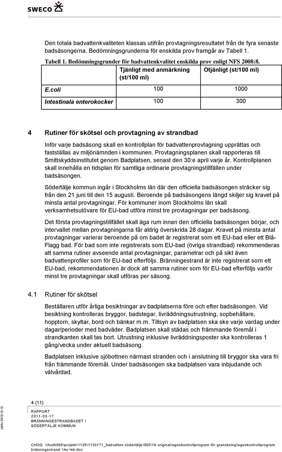 coli 100 1000 Intestinala enterokocker 100 300 4 Rutiner för skötsel och provtagning av strandbad Inför varje badsäsong skall en kontrollplan för badvattenprovtagning upprättas och fastställas av