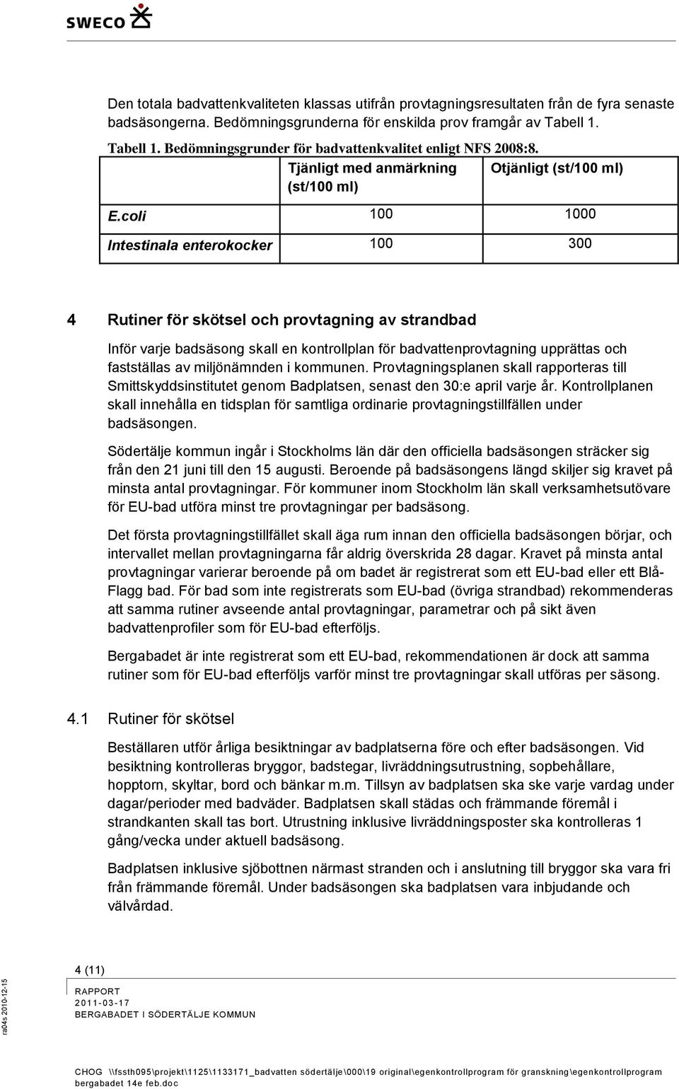 coli 100 1000 Intestinala enterokocker 100 300 4 Rutiner för skötsel och provtagning av strandbad Inför varje badsäsong skall en kontrollplan för badvattenprovtagning upprättas och fastställas av