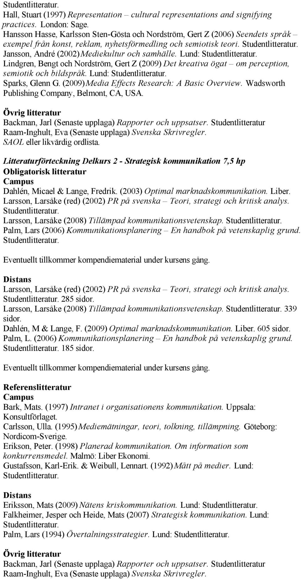 Lund: Lindgren, Bengt och Nordström, Gert Z (2009) Det kreativa ögat om perception, semiotik och bildspråk. Lund: Sparks, Glenn G. (2009) Media Effects Research: A Basic Overview.