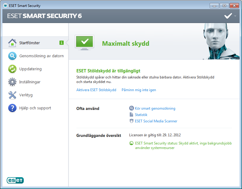 3. Nybörjarguide Detta kapitel ger en inledande översikt över ESET Smart Security och grundinställningarna. 3.