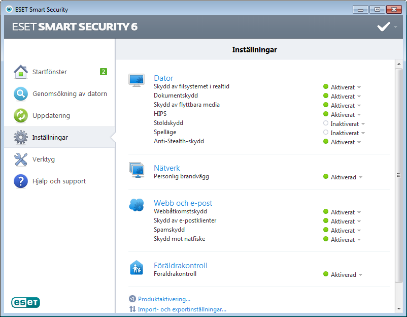 4. Arbeta med ESET Smart Security Med de olika inställningsalternativen för ESET Smart Security går det att ställa in rätt säkerhetsnivå för datorn och nätverket.