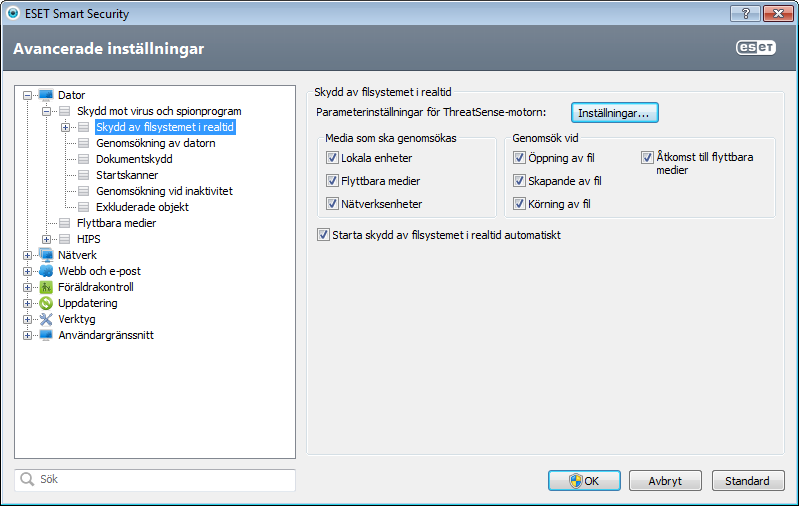 Som standard startar realtidsskyddet när systemet startar och ger oavbruten genomsökning. I särskilda fall (t.ex.