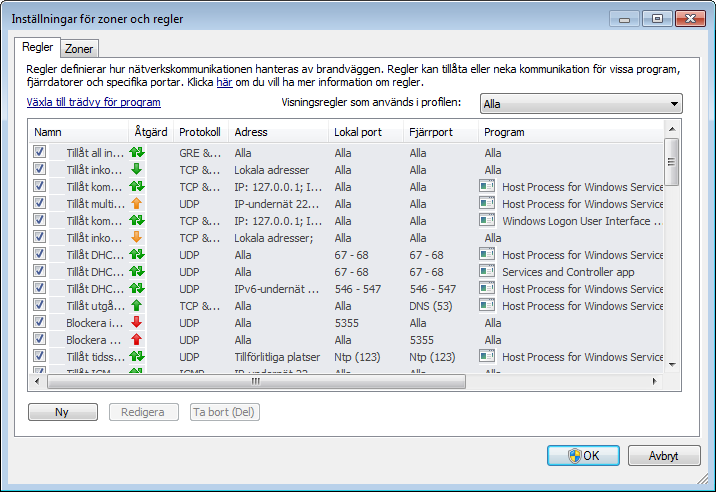 För varje typ (riktning) av kommunikation kan du välja följande åtgärder: Tillåt - tillåter kommunikation. Fråga - du ombeds att tillåta eller neka varje gång kommunikation upprättas.