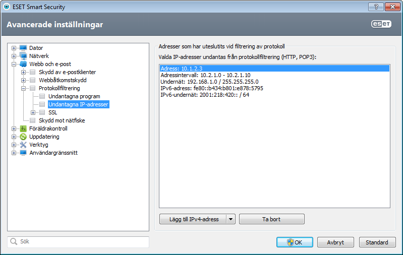 4.3.3.3 Undantagna IP-adresser Posterna på listan undantas från innehållsfiltrering av protokoll. HTTP/POP3/IMAP-kommunikation från/till de valda adresserna kontrolleras inte.