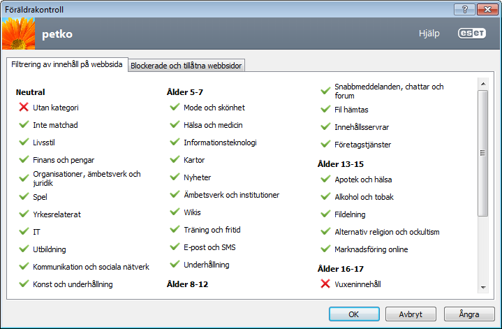 4.4.1 Filtrering av innehåll på webbsida Om kryssrutan intill en kategori är markerad är den tillåten. Avmarkera kryssrutan intill en kategori för att blockera den för det valda kontot.
