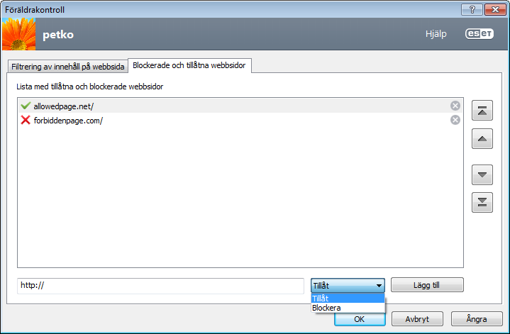 4.4.2 Blockerade och tillåtna webbsidor Ange en webbadress i det tomma fältet under listan, markera Tillåt eller Blockera och klicka på Lägg till för att lägga till den på listan.