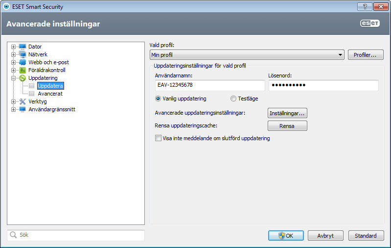 4.5.1 Inställning av uppdateringar Inställningsalternativen för uppdatering finns tillgängliga i trädet Avancerade inställningar (tangenten F5) genom att klicka på Uppdatera > Uppdatering.