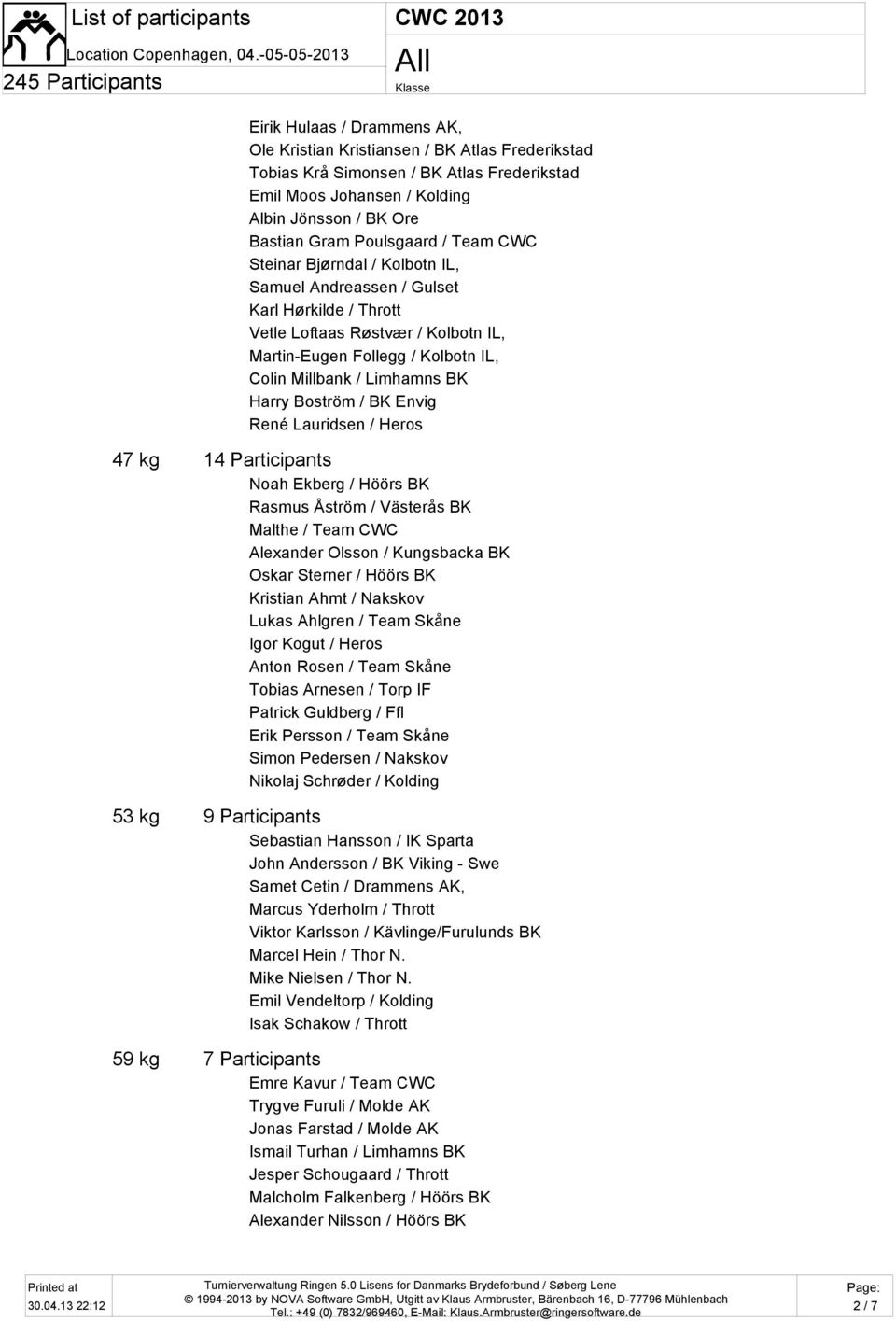 Boström / BK Envig René Lauridsen / Heros 47 kg 14 Participants Noah Ekberg / Höörs BK Rasmus Åström / Västerås BK Malthe / Team CWC Alexander Olsson / Kungsbacka BK Oskar Sterner / Höörs BK Kristian