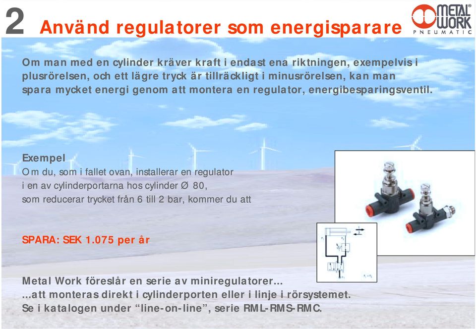 Exempel Om du, som i fallet ovan, installerar en regulator i en av cylinderportarna hos cylinder Ø 80, som reducerar trycket från 6 till 2 bar, kommer du